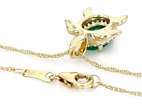 Green Emerald 10k Yellow Gold Turtle Pendant With Chain 1.07ctw
