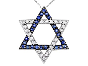 Blue Sapphire Rhodium Over 10k White Gold "Star Of David" Pendant with Chain .92ctw