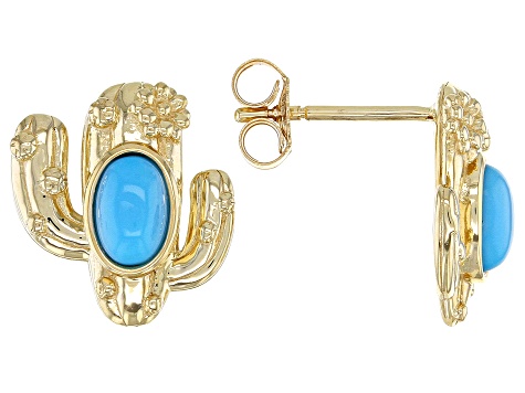 Blue Sleeping Beauty Turquoise 10k Yellow Gold Cactus Earrings