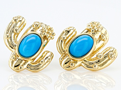 Blue Sleeping Beauty Turquoise 10k Yellow Gold Cactus Earrings