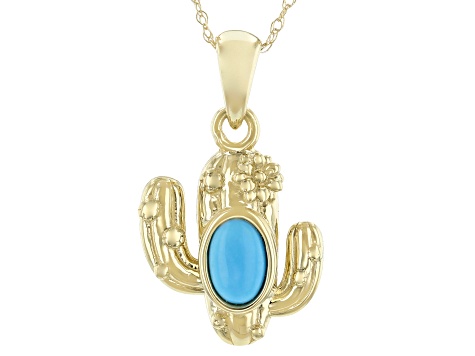 Blue Sleeping Beauty Turquoise 10k Yellow Gold Cactus Pendant With Chain