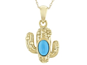Blue Sleeping Beauty Turquoise 10k Yellow Gold Cactus Pendant With Chain