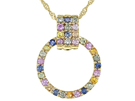 Round Multi Sapphire 10k Yellow Gold Circle Pendant With Chain 0.51ctw