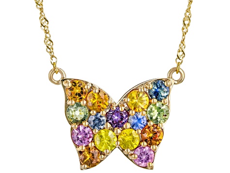 Multicolor Sapphire 10k Yellow Gold Butterfly Necklace 1.86ctw