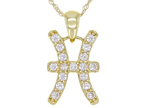 Round White Zircon "Pisces" 10k Yellow Gold Pendant With Chain 0.29ctw