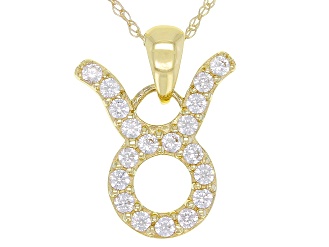 Round White Zircon "Taurus" 10k Yellow Gold Pendant With Chain 0.37ctw