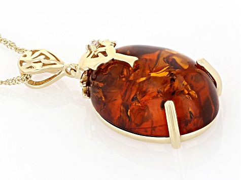 Orange Amber 10k Yellow Gold Pendant With Chain