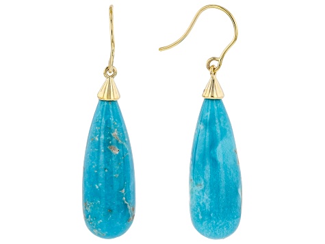 Blue Sleeping Beauty Turquoise Solitaire 10k Yellow Gold Dangle Earrings