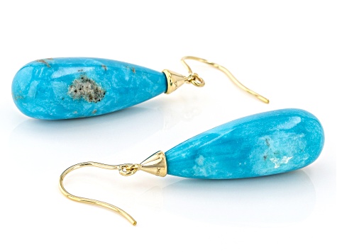 Blue Sleeping Beauty Turquoise Solitaire 10k Yellow Gold Dangle Earrings