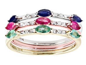 Red Ruby 10k Multi Gold Ring Set of 3 0.76ctw