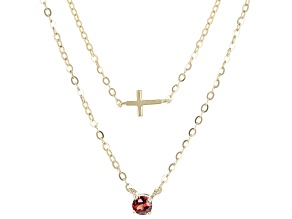 Red Garnet 10k Yellow Gold Double Layer Cross Necklace 0.13ct
