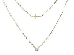 Aquamarine 10k Yellow Gold Double Layer Cross Necklace 0.10ct