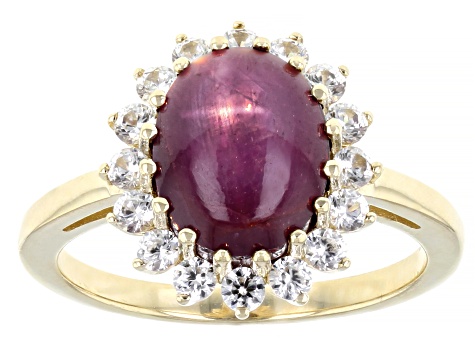 Red Indian Star Ruby With White Zircon 10k Yellow Gold Ring 5.81ctw