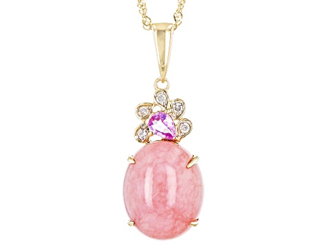 Pink Opal With Pink Sapphire And White Diamond 10k Yellow Gold Pendant With Chain