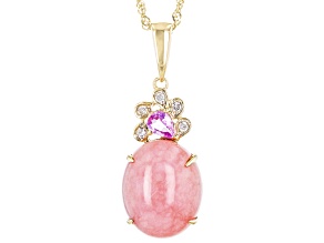 Pink Opal With Pink Sapphire And White Diamond 10k Yellow Gold Pendant With Chain