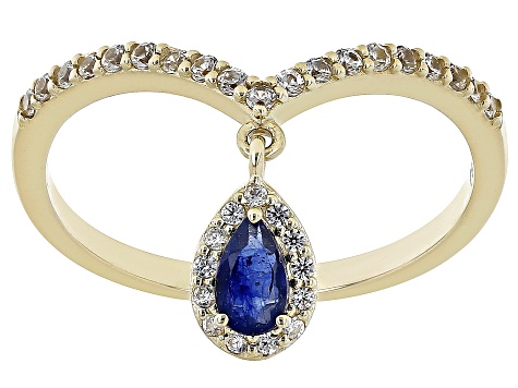 Blue Mahaleo® Sapphire and White Zircon 10k Yellow Gold Charm Ring 0.58ctw