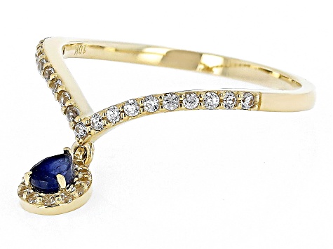 Blue Mahaleo® Sapphire and White Zircon 10k Yellow Gold Charm Ring 0.58ctw