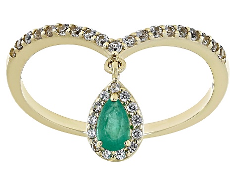 Green Emerald 10k Yellow Gold Charm Ring 0.45ctw