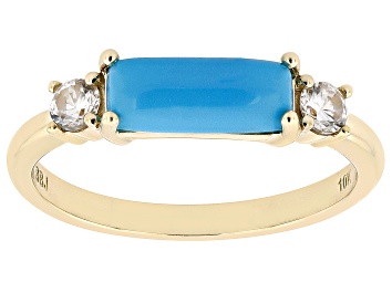 Picture of Blue Sleeping Beauty Turquoise With White Zircon 10k Yellow Gold Ring 0.25ctw