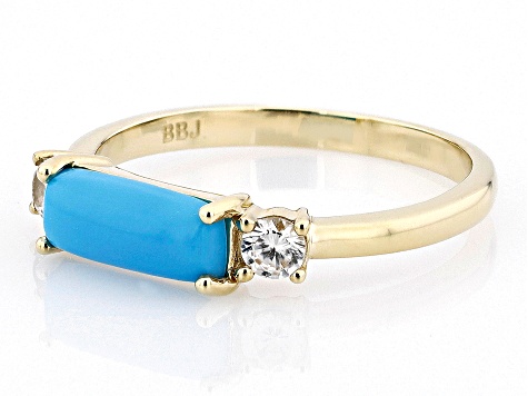 Blue Sleeping Beauty Turquoise With White Zircon 10k Yellow Gold Ring 0.25ctw