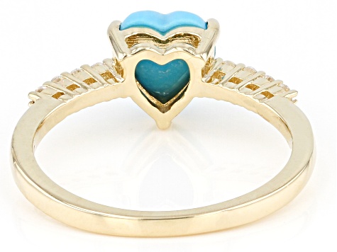 Blue Sleeping Beauty Turquoise With White Zircon 10k Yellow Gold Ring 0.14ctw