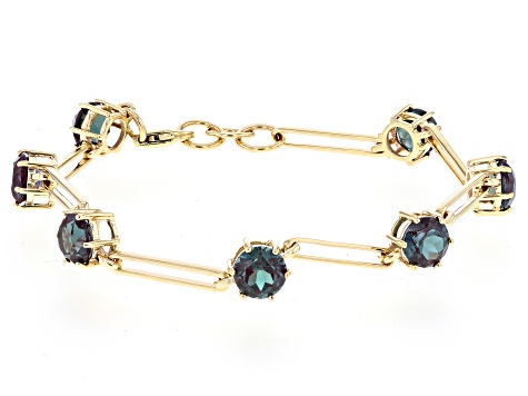 Blue Lab Created Alexandrite 10k Yellow Gold Paperclip Chain Bracelet 6.05ctw