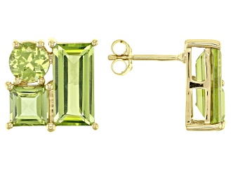 Green Peridot 10k Yellow Gold Stud Earrings 4.40ctw