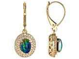 Australian Opal Triplet And White Zircon 10k Yellow Gold Dangle Earrings 0.12ctw