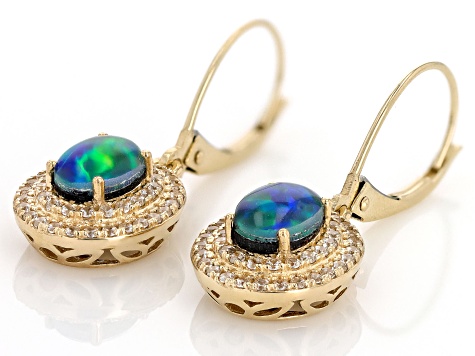 Australian Opal Triplet And White Zircon 10k Yellow Gold Dangle Earrings 0.12ctw