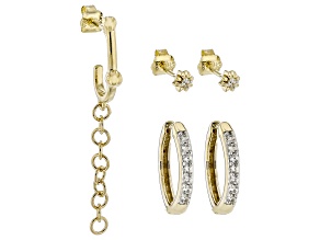White Zircon 10k Yellow Gold Hoop, Stud And Ear Cuff Earring Set 0.31ctw