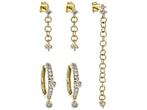 White Zircon 10k Yellow Gold Hoop, Ear Climber And Earring Drop Set 0.91ctw