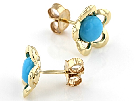 Blue Sleeping Beauty Turquoise 10k Yellow Gold Flower Stud Earrings