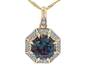 Lab Alexandrite And White Diamond 10k Yellow Gold Vintage Inspired Pendant With Chain 3.18ctw