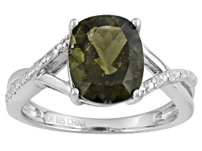Green Moldavite Rhodium Over Sterling Silver Ring 1.96ctw