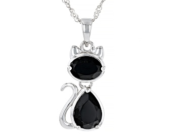 Picture of Black Spinel Rhodium Over Sterling Silver Cat Pendant With Chain 3.36ctw