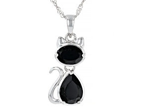 Black Spinel Rhodium Over Sterling Silver Cat Pendant With Chain 3.36ctw