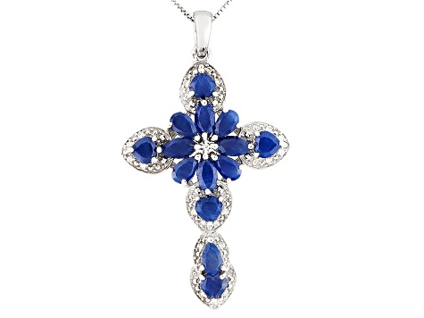 Blue Sapphire Rhodium Over Sterling Silver Cross Pendant With Chain 5.23ctw