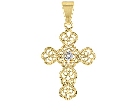 White Zircon 18k Yellow Gold Over Silver Cross Charm Pendant .10ct