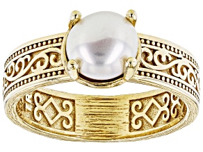 White Cultured Freshwater Pearl 18k Yellow Gold Over Silver Ring