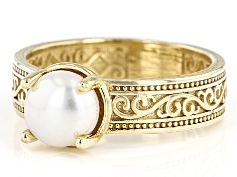 White Cultured Freshwater Pearl 18k Yellow Gold Over Silver Ring