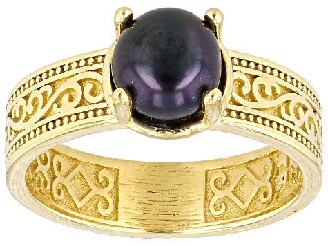 Black Cultured Freshwater Pearl 18k Yellow Gold Over Silver Ring