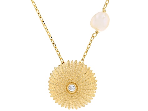 White Cubic Zirconia & Cultured Freshwater Pearl 18k Yellow Gold Over Silver Dome Necklace 0.02ct