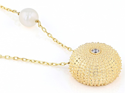 White Cubic Zirconia & Cultured Freshwater Pearl 18k Yellow Gold Over Silver Dome Necklace 0.02ct