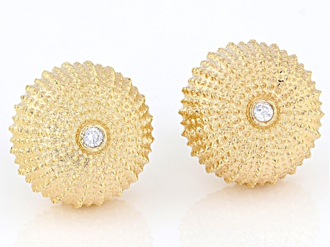 White Cubic Zirconia 18k Yellow Gold Over Sterling Silver Dome Button Earrings 0.05ctw