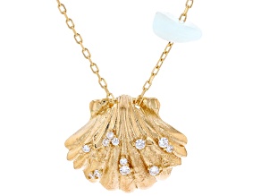 White Cubic Zirconia & Aquamarine 18k Yellow Gold Over Sterling Silver Seashell Necklace .19ctw