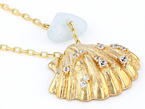 White Cubic Zirconia & Aquamarine 18k Yellow Gold Over Sterling Silver Seashell Necklace .19ctw