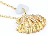 White Cubic Zirconia & Aquamarine 18k Yellow Gold Over Sterling Silver Seashell Necklace .19ctw
