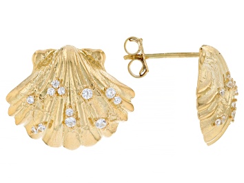 Picture of White Cubic Zirconia 18k Yellow Gold Over Sterling Silver Seashell Earrings 0.38ctw