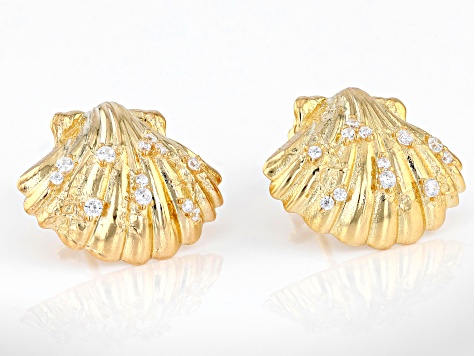 White Cubic Zirconia 18k Yellow Gold Over Sterling Silver Seashell Earrings 0.38ctw