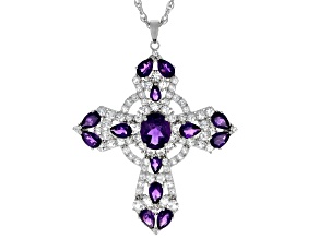 Purple amethyst rhodium over silver cross pendant with chain 9.10ctw